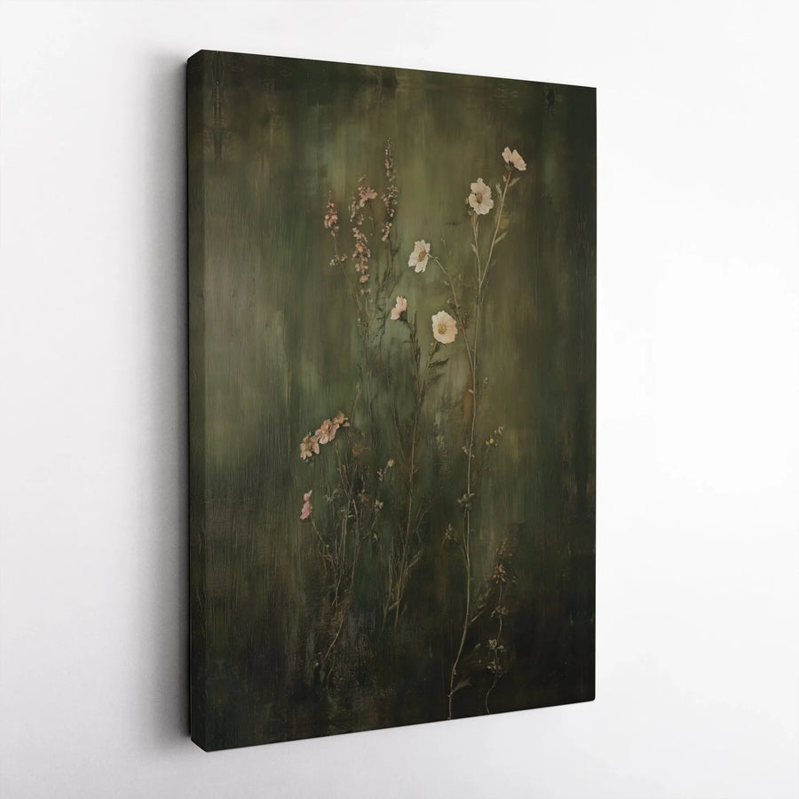 Moody Dark Floral Wall Art | Vintage Wildflower Oil Painting Canvas | Premium Gallery Wrap Decor | Botanical Gift for Home Office