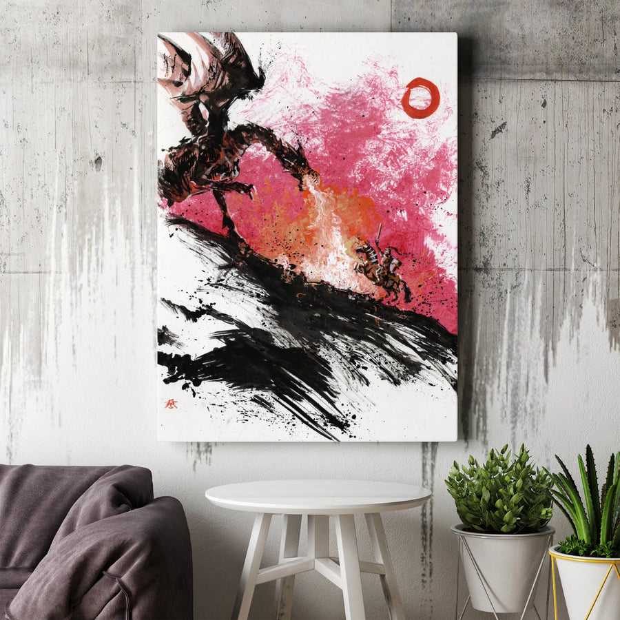Dragon Fighting Knight Canvas Art | Sumi-E Ink Wash Painting | Premium Gallery Wrapped Wall Decor | Fantasy Collector's Gift for Office or Home