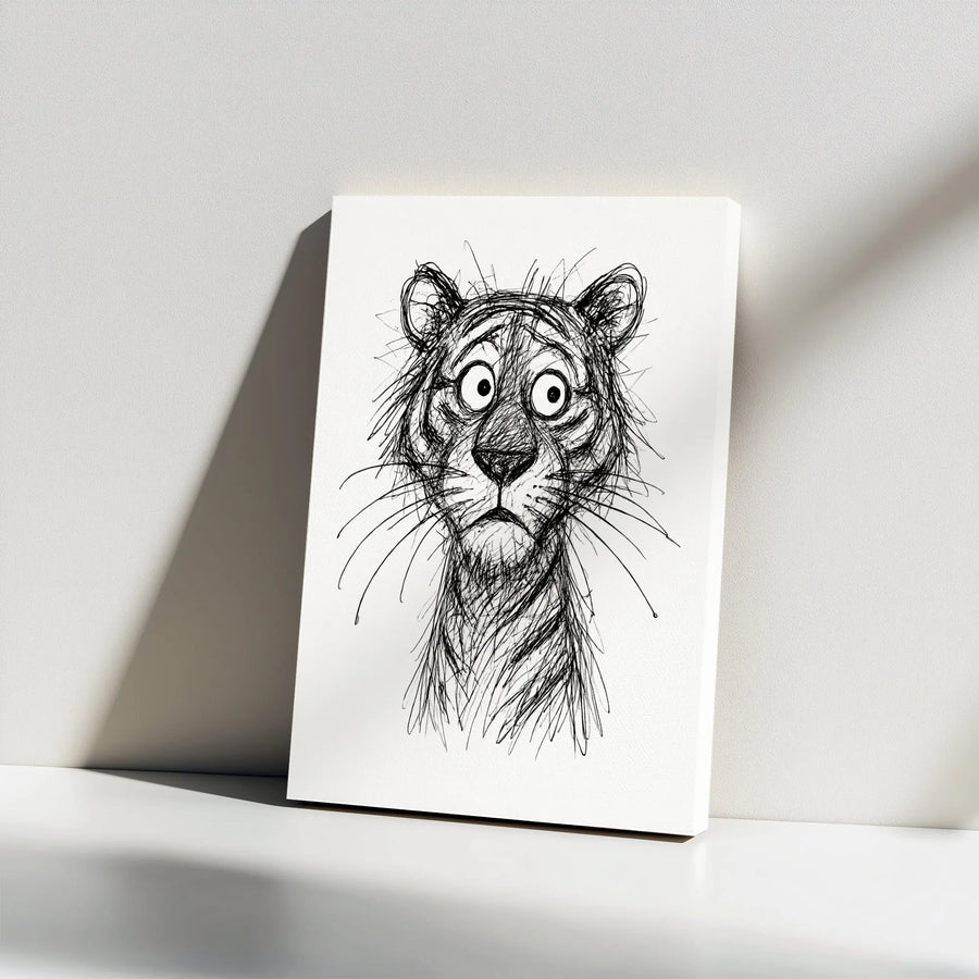 Funny Tiger Sketch Canvas | Scribble Line Art Drawing | Premium Gallery Wrapped Canvas | Modern Minimalist Decor Gift
