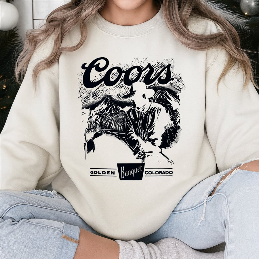 Cowboy Coors Sweatshirt Western Cowboy Design With Mountain Graphic, Retro Country Style Beer Inspired Sweatshirt