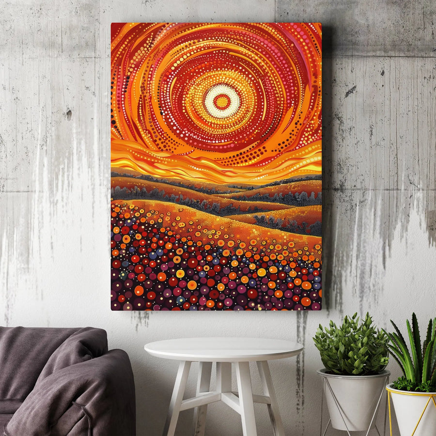 Abstract Sun Canvas Print | Vibrant Pointillism Sunset Landscape | Premium Gallery Wrapped Canvas | Boho Living Room Decor Gift