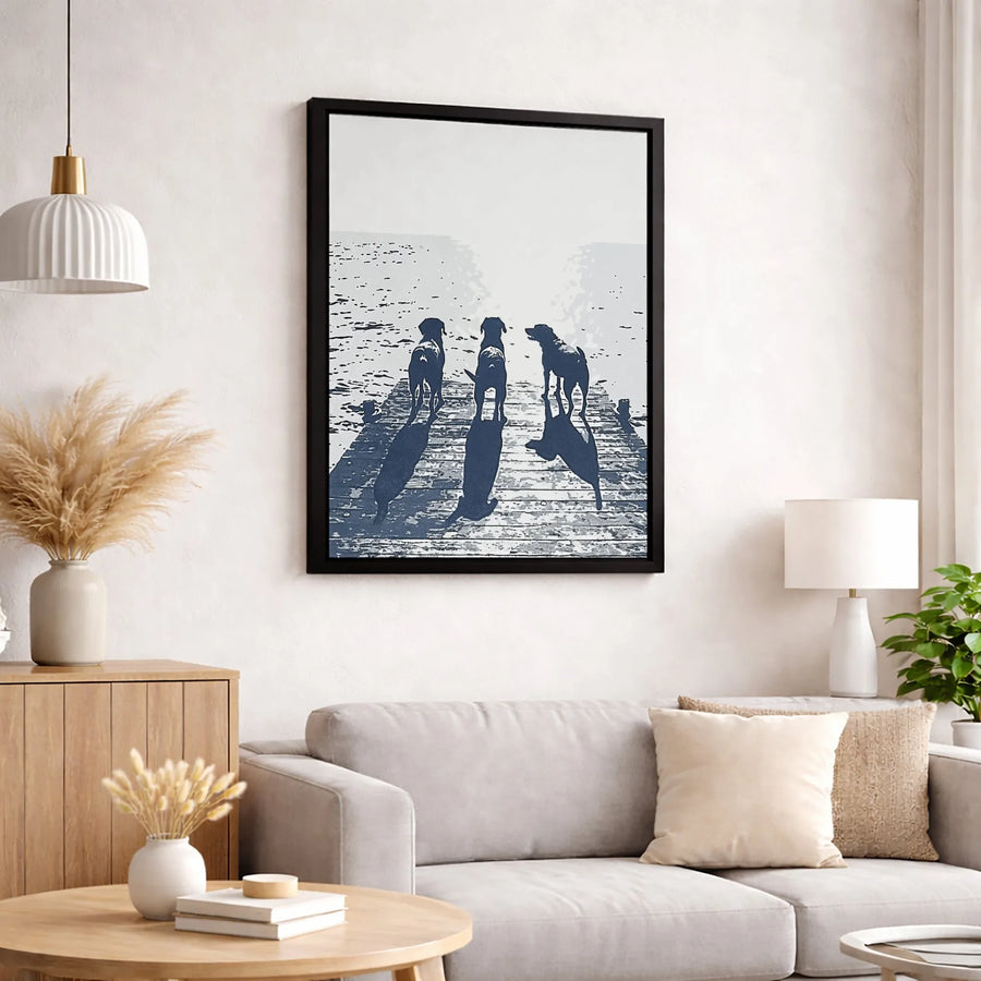 Three Dogs On Dock Wall Art | Silhouette Lake View Canvas Print | Premium Gallery-Wrapped Decor | Dog Lover Gift for Home Office