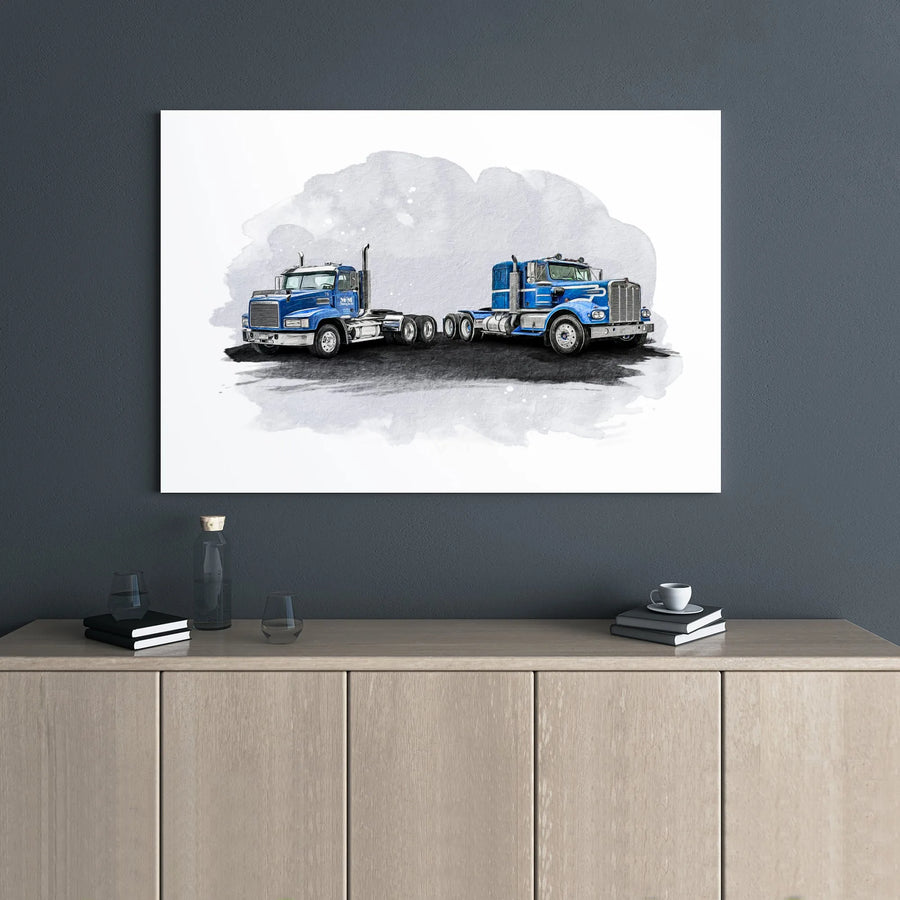 Semi Truck Wall Art | Watercolor Blue Truck Illustration | Premium Gallery Wrapped Canvas | Gift for Truck Driver or Big Rig Enthusiast