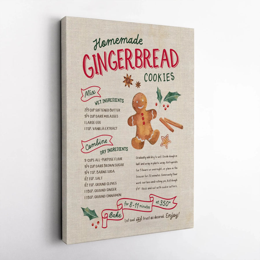 Homemade Gingerbread Cookie Recipe Canvas Wall Art | Watercolor Gingerbread Man Kitchen Decor | Gallery Wrap Premium Print | Holiday Kitchen Gift