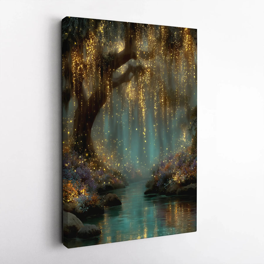 Enchanted Forest Canvas Wall Art | Glowing Tree Over Mystical River | Premium Gallery Wrapped Canvas | Fantasy Home Decor Gift