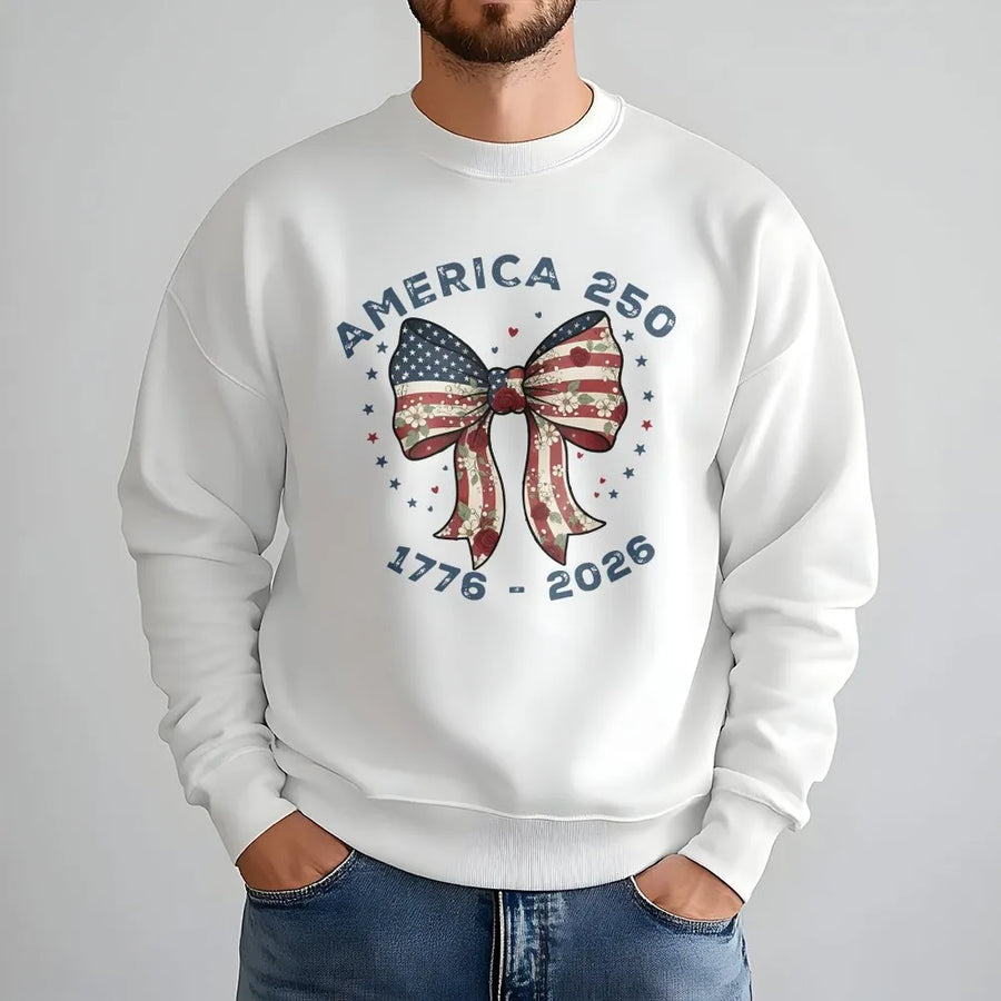 America 250 Sweatshirt | Patriotic Flag Bow with Florals | Soft Cotton Blend | 2026 Semiquincentennial Commemorative Gift for Men and Women