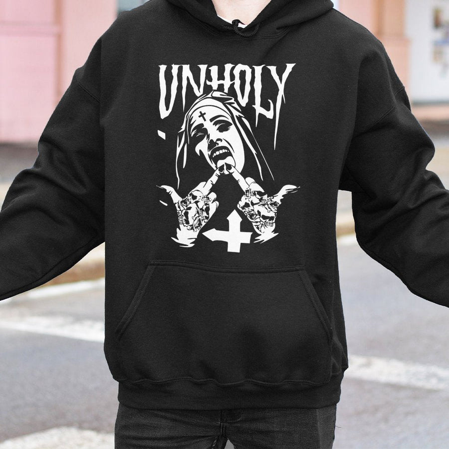 Unholy Nun Graphic Hoodie | Gothic Edgy Streetwear | Cotton-Polyester Blend | Unisex Alternative Fashion Gift