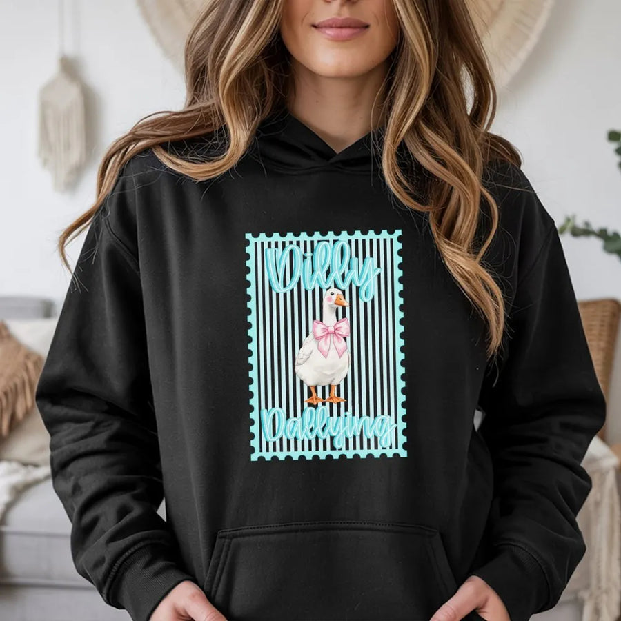 Coquette Goose Hoodie | Dilly Dallying Pink Bow Stamp Design | Soft Cotton Blend | Preppy Aesthetic Gift for Her