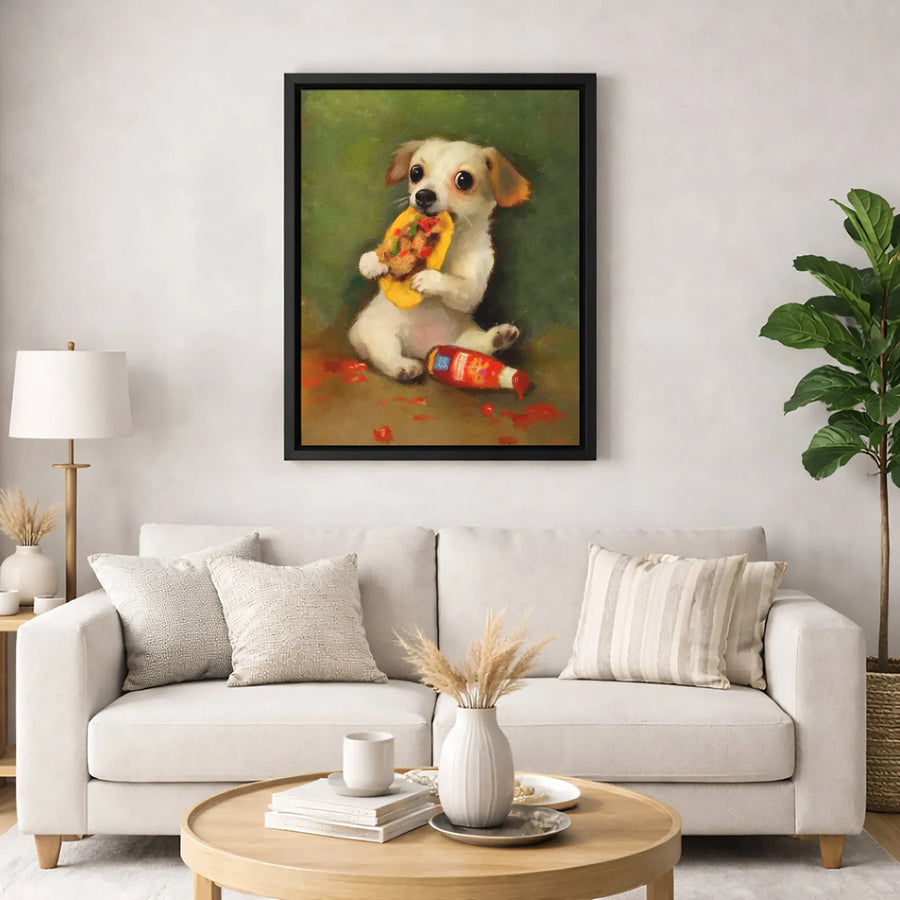 Cute Puppy Eating Taco Canvas Wall Art | Funny Dog Oil Painting Print | Premium Gallery Wrapped Decor | Unique Kitchen Gift For Dog Lovers