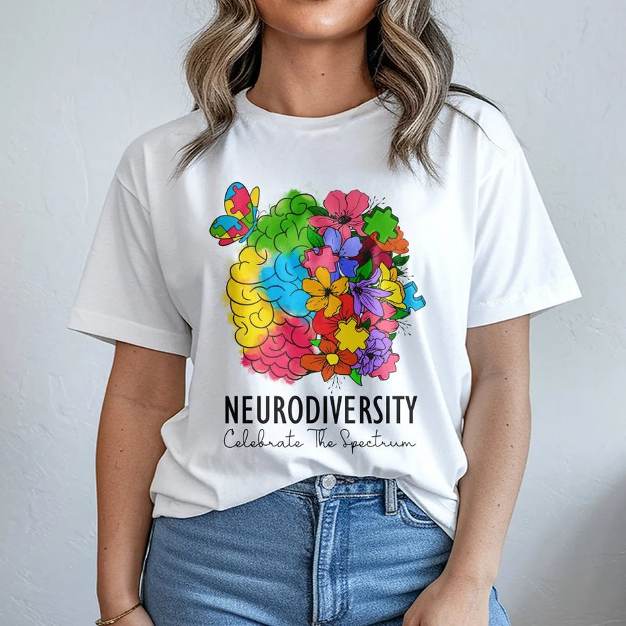 Neurodiversity T-Shirt | Celebrate The Spectrum Floral Brain | 100% Cotton Premium Tee | Autism Awareness Gift for Teachers and Advocates