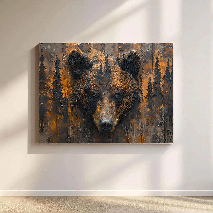 Rustic Bear Forest Canvas Wall Art | Double Exposure Wildlife Portrait | Premium 1.25" Gallery Wrap | Nature-Inspired Home Decor Gift