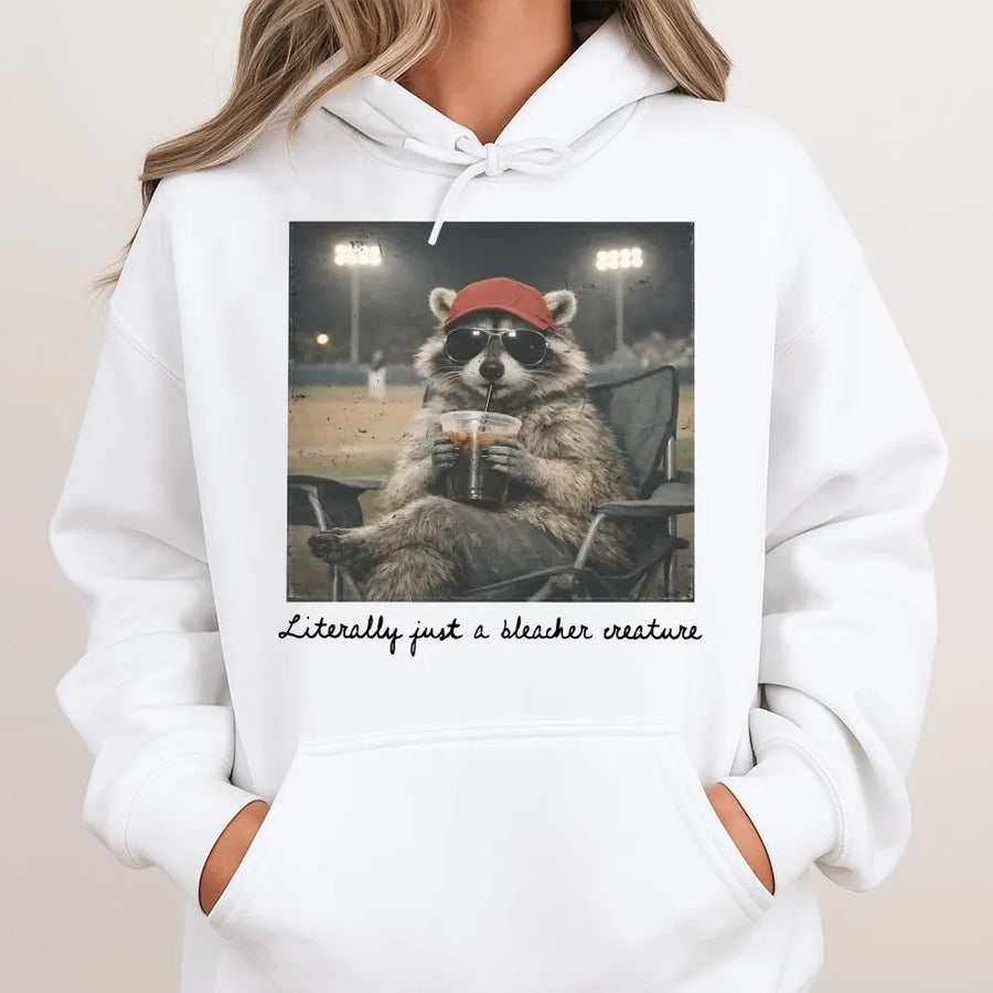Bleacher Creature Hoodie | Funny Raccoon Baseball Graphic | Cozy Unisex Crewneck | Gift for Baseball Mom, Softball Fan Gift