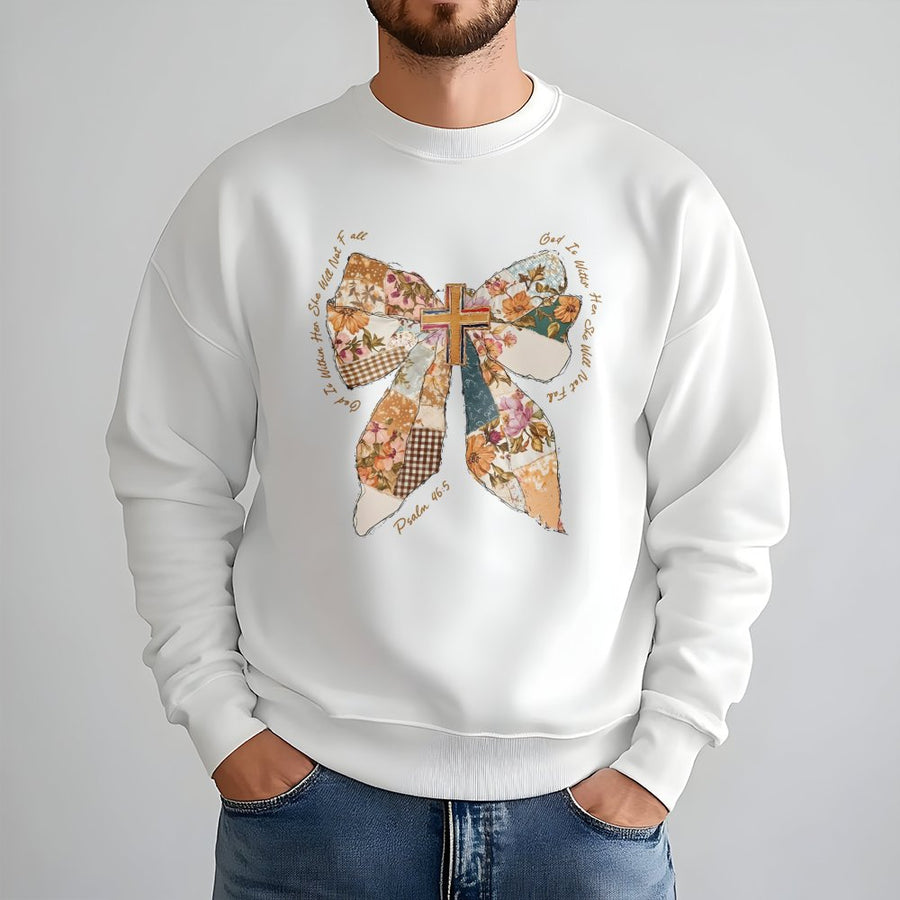 God Is Within Her Sweatshirt | Patchwork Bow Bible Verse Design | Premium Cotton Blend Crewneck | Christian Faith Gift for Women