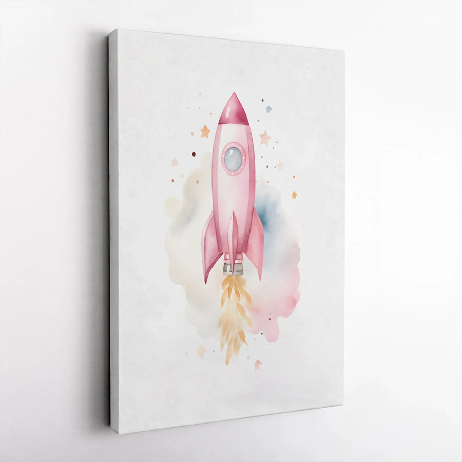Pink Rocket Ship Wall Art | Watercolor Space Nursery Decor | Premium Gallery Wrapped Canvas | Gift for Little Explorer
