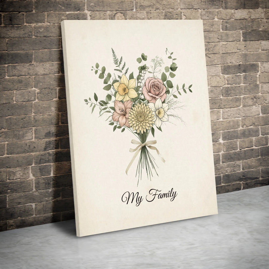 Family Flower Bouquet Canvas Print | Vintage Botanical Illustration | Premium 1.25" Thick Gallery Wrap | Meaningful Family Home Decor Gift