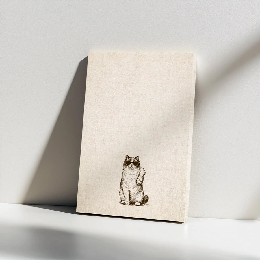 Funny Cat Middle Finger Canvas Wall Art | Minimalist Sketch Print with Sunglasses | Premium Gallery Wrap Canvas | Sarcastic Home Decor Gift for Cat Lover