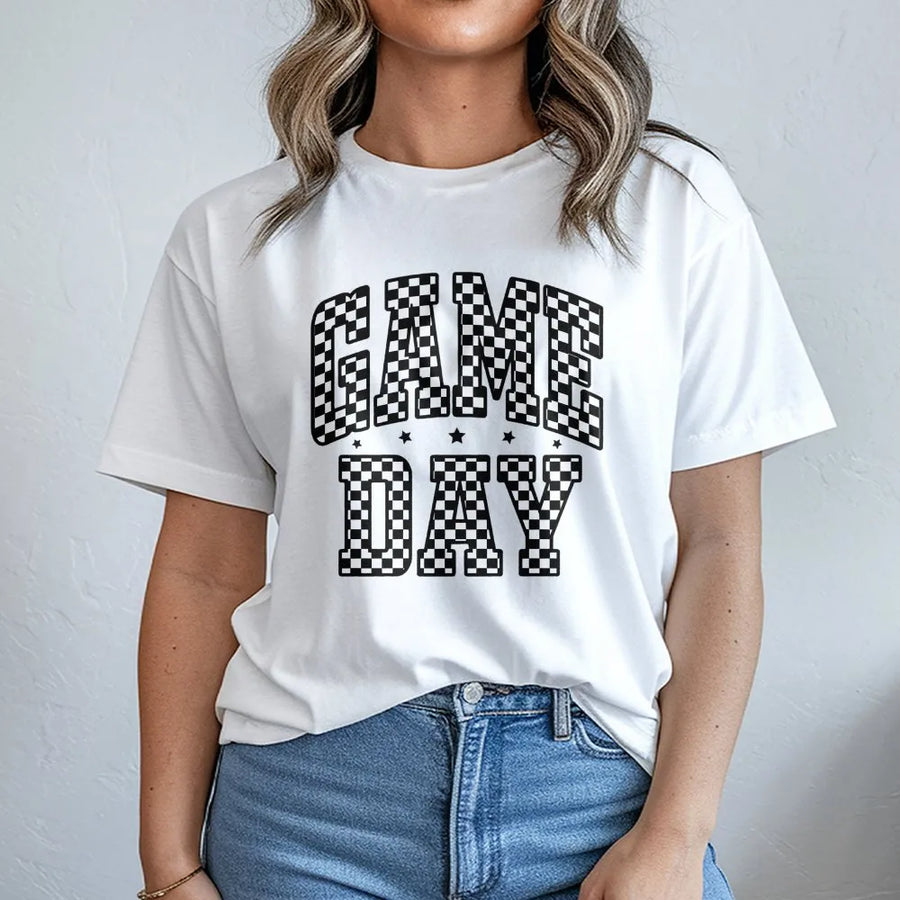 Game Day T-Shirt | Retro Checkered Varsity Font Graphic | 100% Premium Cotton Unisex Tee | Sports Fan Tailgate Apparel Gift For Her Him