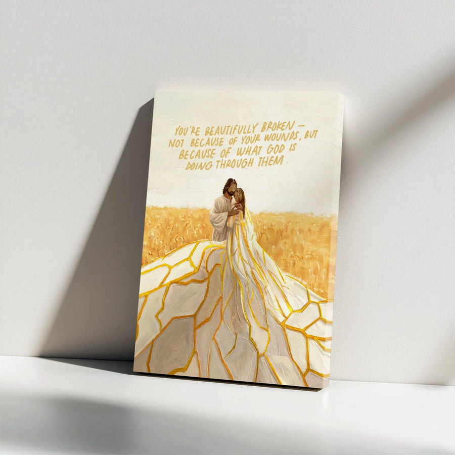 Jesus Hugging Woman Canvas Print | Beautifully Broken Quote Art | Premium Gallery Wrapped Canvas | Inspirational Christian Gift for Women