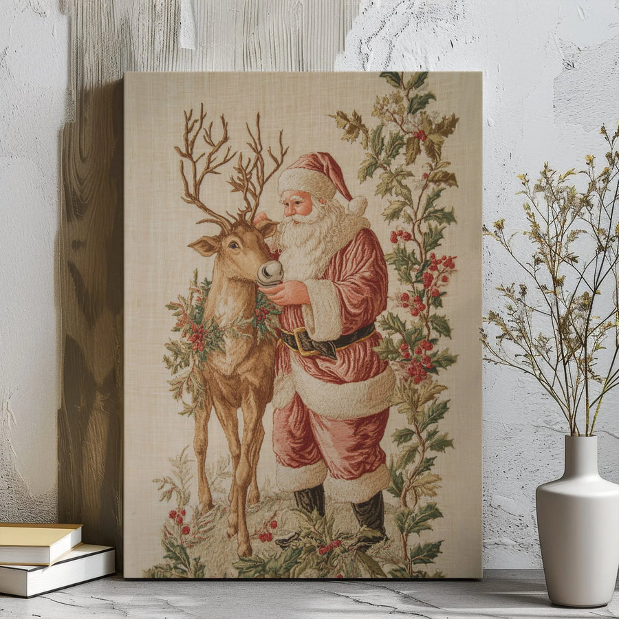 Vintage Santa With Reindeer Canvas Wall Art | Christmas Holly Wreath Illustration | Premium Gallery Wrap Print | Festive Holiday Home Decor Gift
