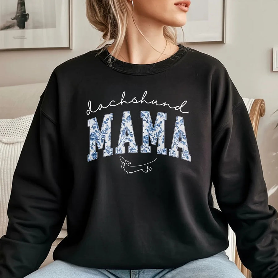 Dachshund Mama Sweatshirt | Blue Floral Print Weenie Dog | Soft Cotton Blend Sweatshirt | Gift for Doxie Mom and Dog Lovers