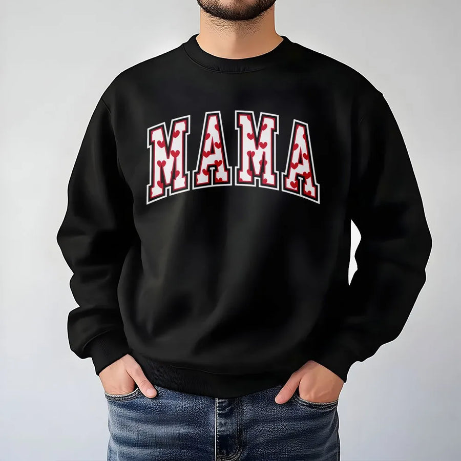 Mama Varsity Sweatshirt | Heart Pattern Text Design | Premium Cotton Blend | Valentine's Day Gift For Mom