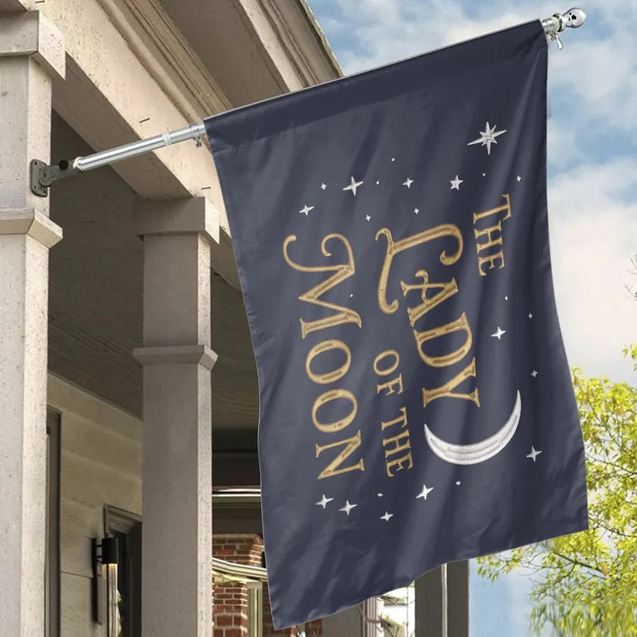 Lady of the Moon House Flag | Vintage Celestial Moon & Stars Art | Weather-Resistant Double Sided Banner | Witchy Porch Decor Gift for Her