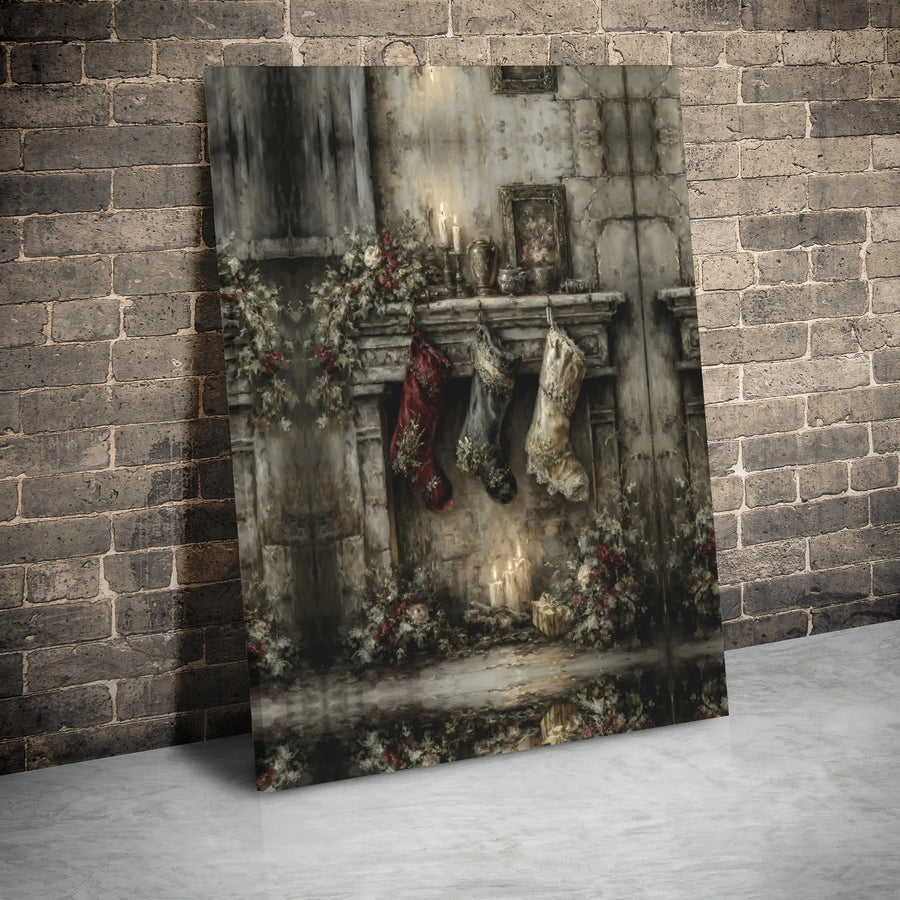 Vintage Christmas Fireplace Canvas Wall Art | Cozy Holiday Stockings Decor | Premium Gallery Wrap Print | Festive Living Room Wall Decor