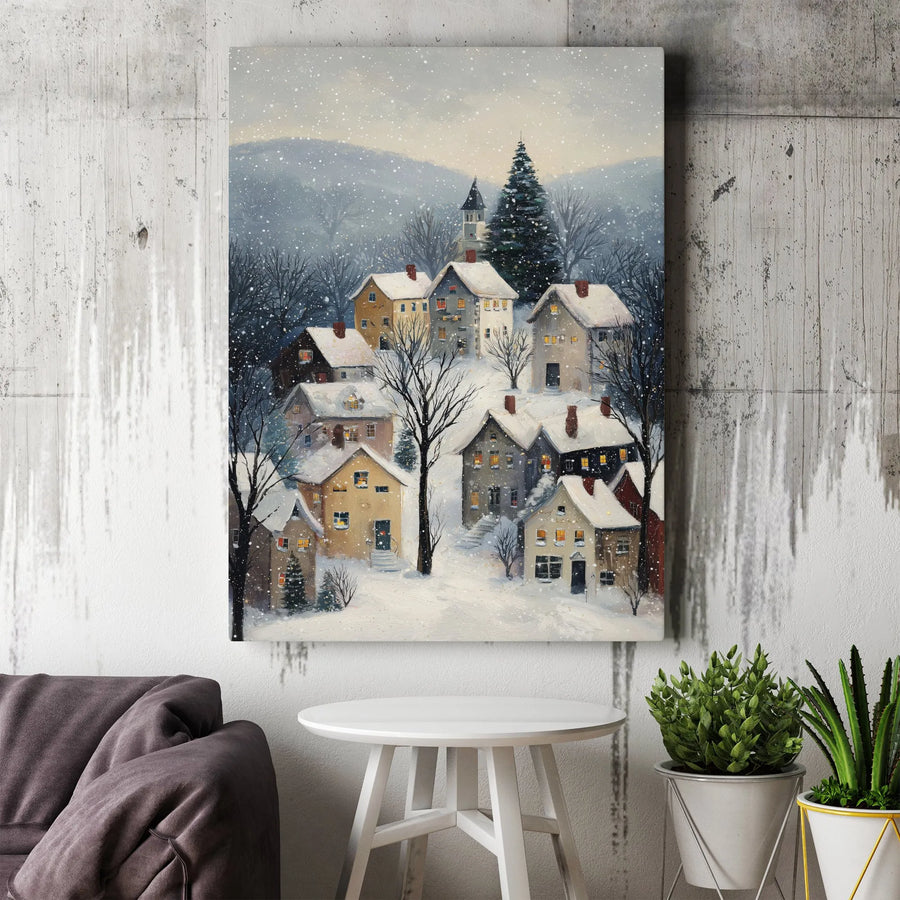 Winter Village Vertical Canvas | Cozy Snowfall Painting Print | Premium Gallery Wrapped Art | Holiday Home Decor Gift