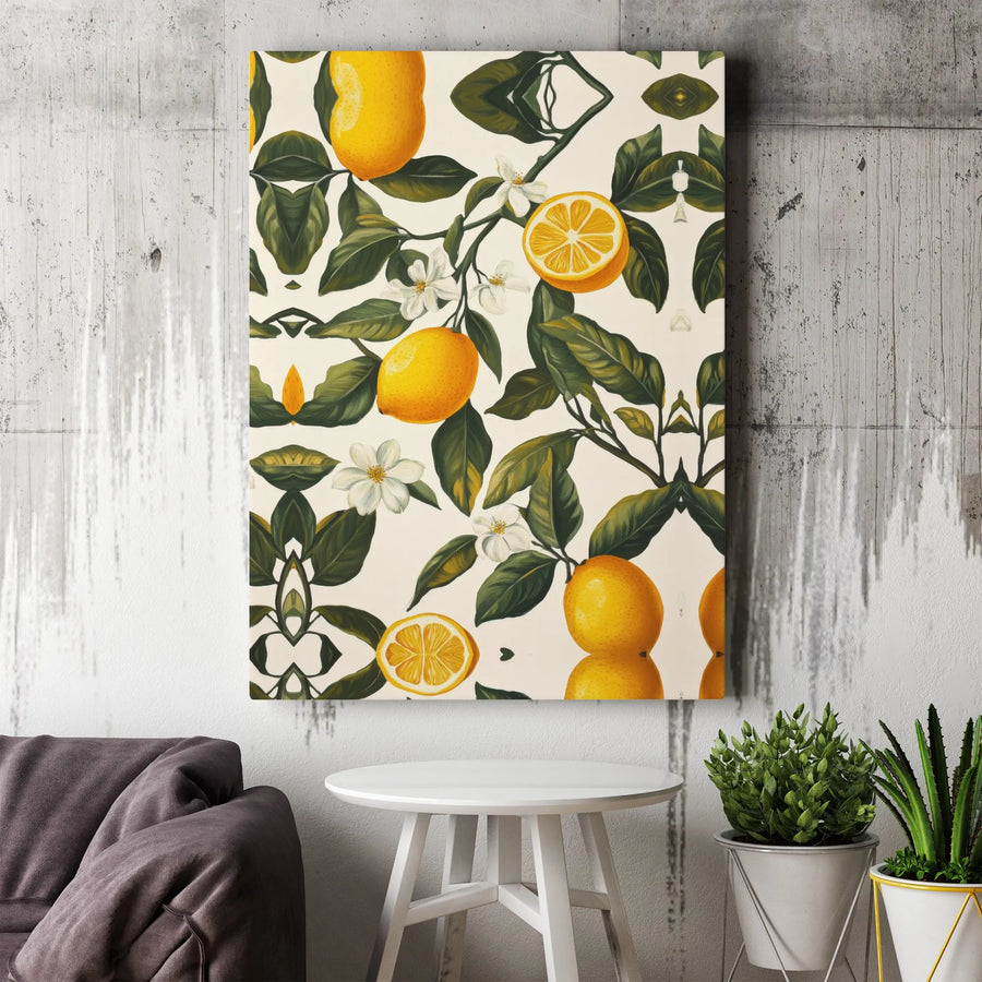Lemon Botanical Art Canvas | Vintage Fruit & Blossom Pattern | Premium Fade-Resistant Print | Mediterranean Kitchen Wall Decor