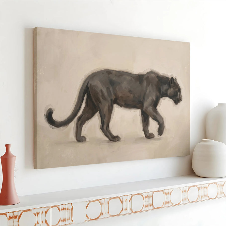 Black Panther Wildlife Horizontal Canvas | Minimalist Big Cat Oil Painting Style Art | Premium 1.25 Inch Gallery Wrap | Modern Living Room Wall Decor, Housewarming Gift