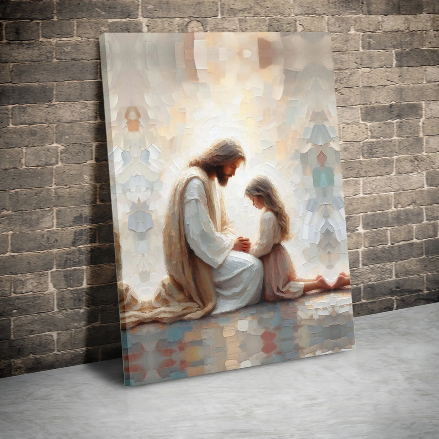 Jesus and Child Canvas Wall Art | Kneeling Prayer Christian Decor | Premium Fade-Resistant Gallery Wrap | Spiritual Religious Gift for Home