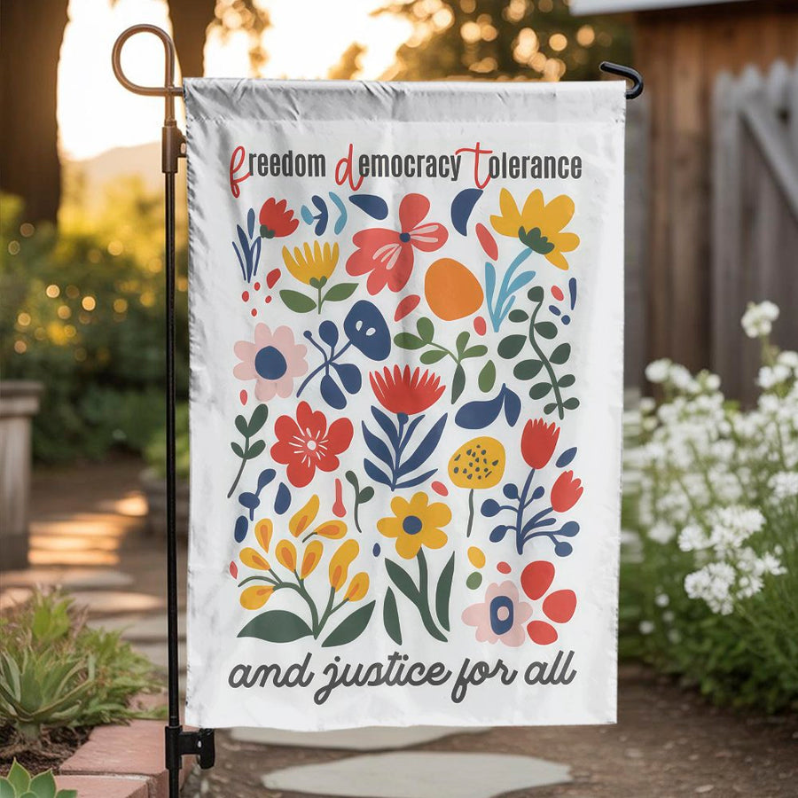 Freedom Democracy Tolerance Garden Flag | Floral Patriotic Yard Decor | Premium Weather-Resistant Polyester | Outdoor Gift for Home Garden