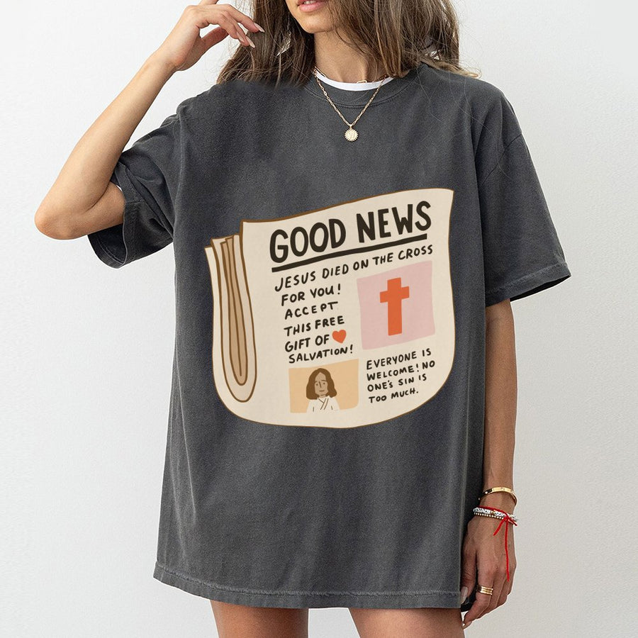 Good News Christian Graphic T-Shirt | Retro Newspaper Design | 100% Premium Cotton | Religious Faith Based Gift for Men and Women