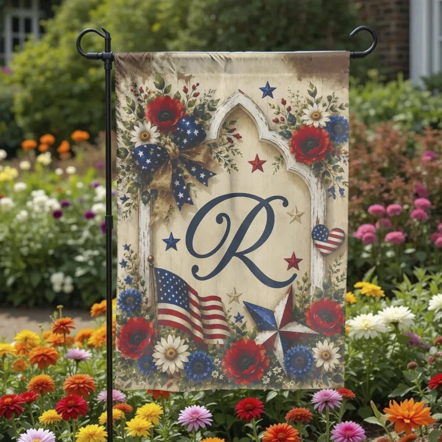 Patriotic Monogram Garden Flag | Rustic USA Flag and Floral Arch Script Letter R | Double Sided Premium Polyester | Independence Day Housewarming Gift