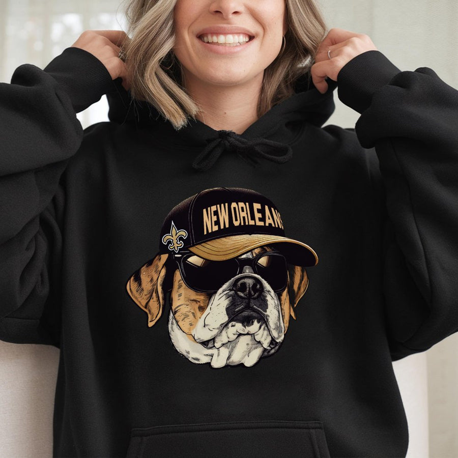 New Orleans Saints Fleur-De-Lis Logo Bulldog With Sunglasses Hoodie