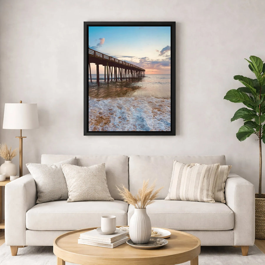 Beach Pier Canvas Wall Art | Coastal Sunset Ocean Waves Print | Premium Gallery-Wrapped Decor | Relaxing Seascape Gift for Home or Office