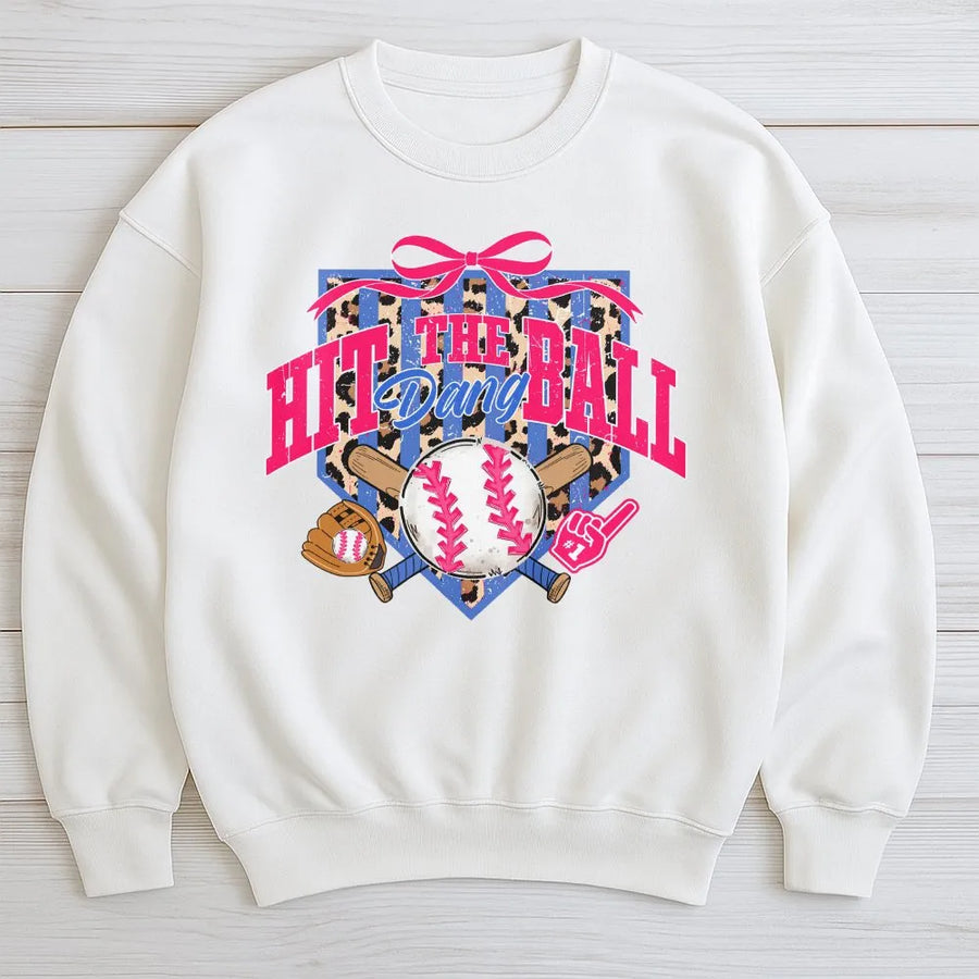 Game Day Baseball Sweatshirt | Coquette Leopard Print 'Hit The Dang Ball' Graphic | Soft Unisex Crewneck | Gift for Baseball Mom