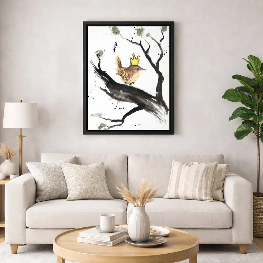 Crowned Bird Canvas Print | Whimsical Watercolor Ink Wash Wall Art | Premium Gallery-Wrapped 1.25" Profile | Charming Nature Decor Gift
