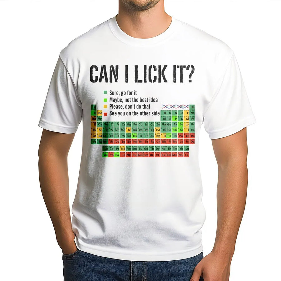 Funny Chemistry T-Shirt | Can I Lick It Periodic Table Graphic | Premium Cotton Blend | Gift for Science Teacher or Chemist