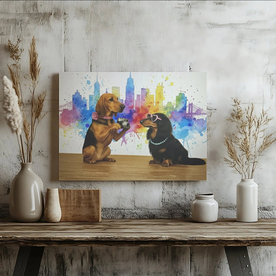 Dachshund Dog Wall Art | Watercolor City Skyline Canvas Print | 1.25” Premium Gallery Wrap | Unique Pet Lover Gift for Home Decor