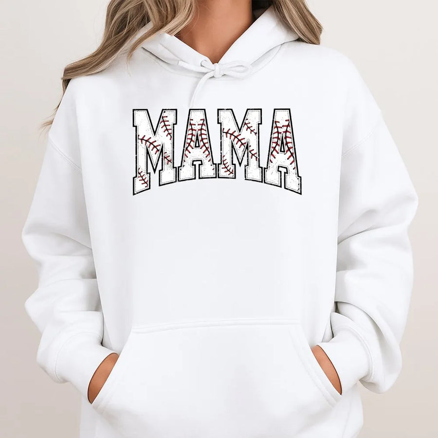 Baseball Mama Hoodie | Distressed Athletic Font with Baseball Stitches | Comfort Colors 100% Cotton Tee | Mother's Day Gift for Baseball Mom
