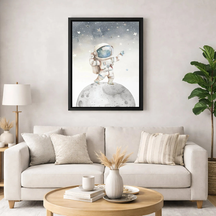 Watercolor Astronaut Canvas Wall Art | Cute Space Explorer on Moon Print | Premium 1.25-Inch Gallery Wrap | Nursery & Kids Room Space Decor Gift