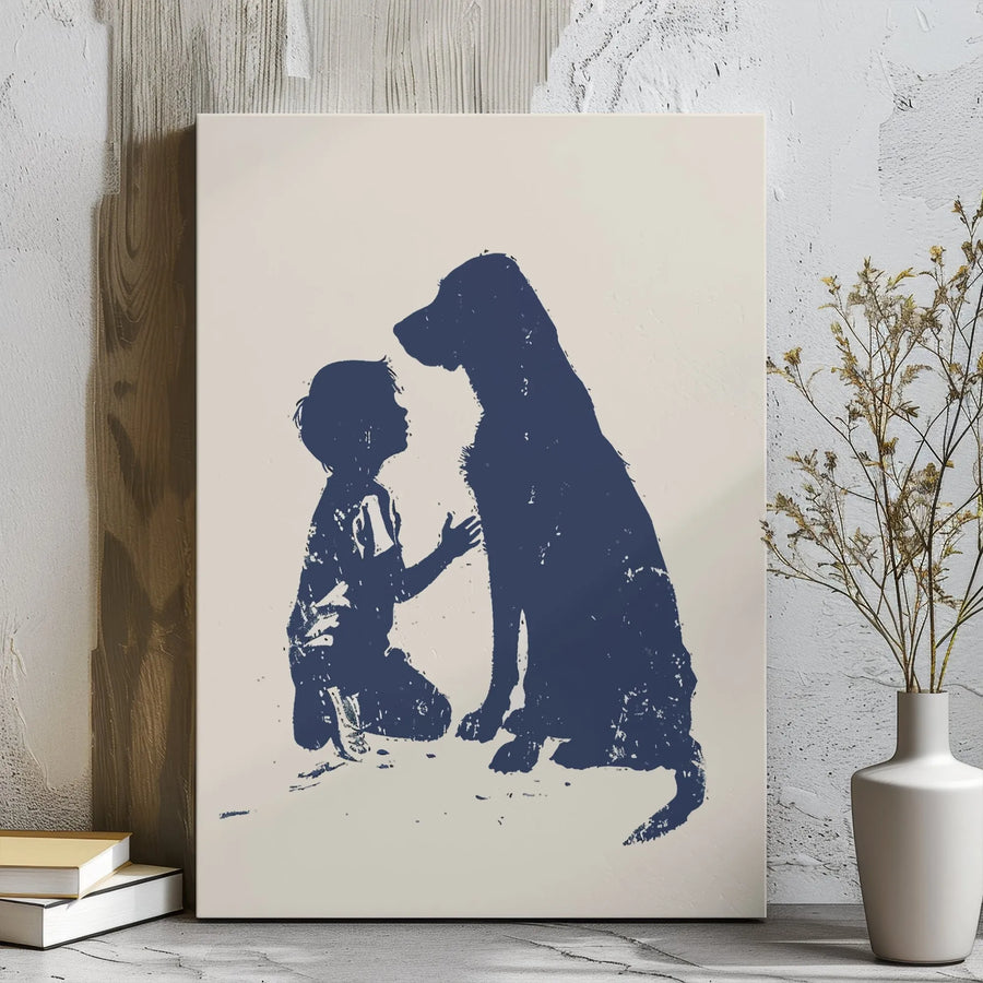Boy And Dog Silhouette Wall Art | Minimalist Distressed Portrait | Premium Gallery Wrapped Canvas | Heartwarming Gift For Dog Lovers & Nursery Decor