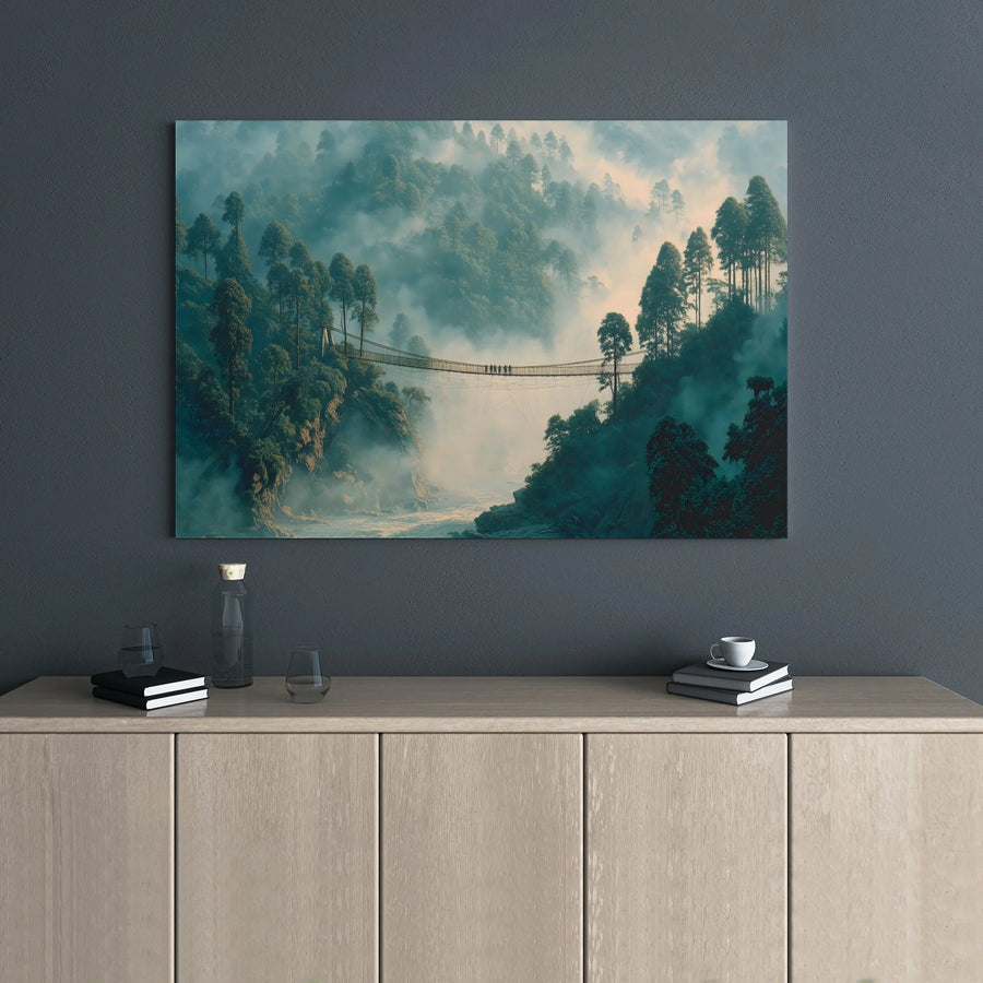 Foggy Forest Bridge Canvas Wall Art | Mist Covered Valley Landscape | Premium Gallery Wrap 1.25" Frame | Serene Nature Home Decor for Living Room