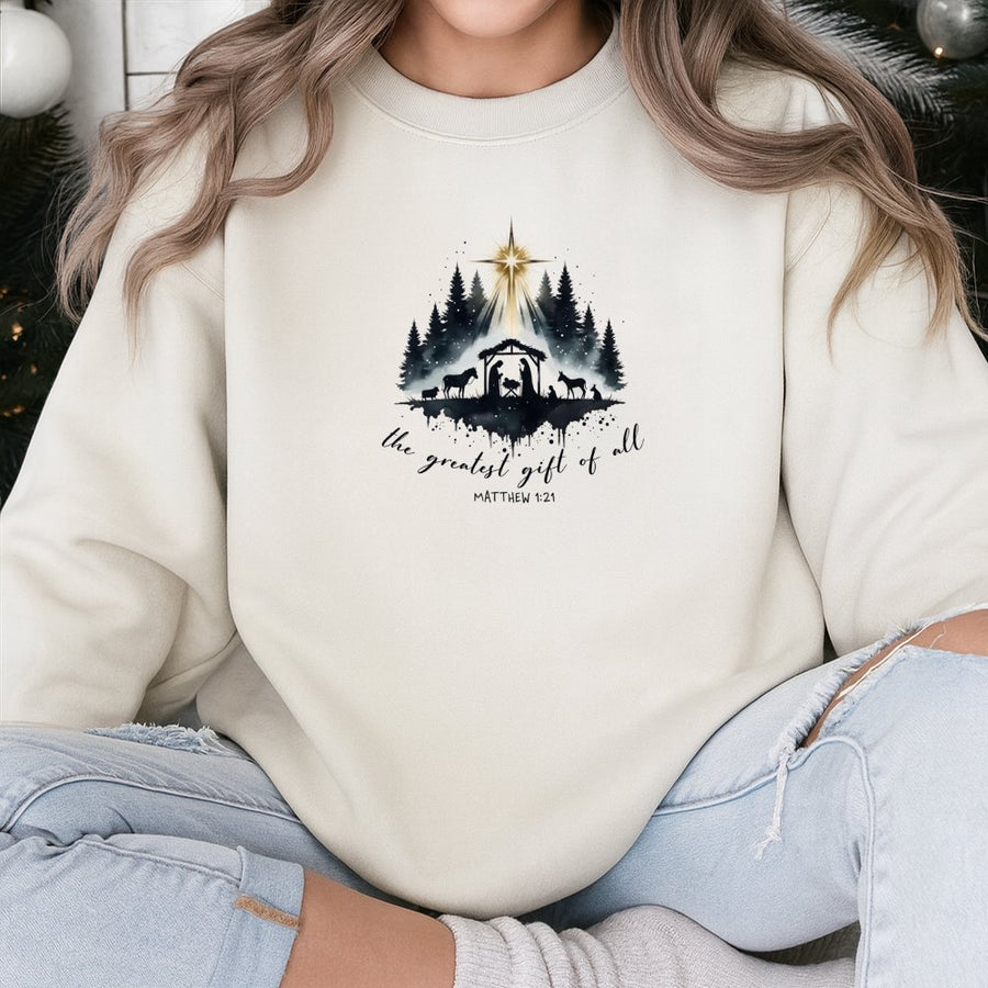 Nativity Sweatshirt | The Greatest Gift Of All Christian Bible Verse | Premium Cotton Blend | Religious Christmas Apparel For Believers