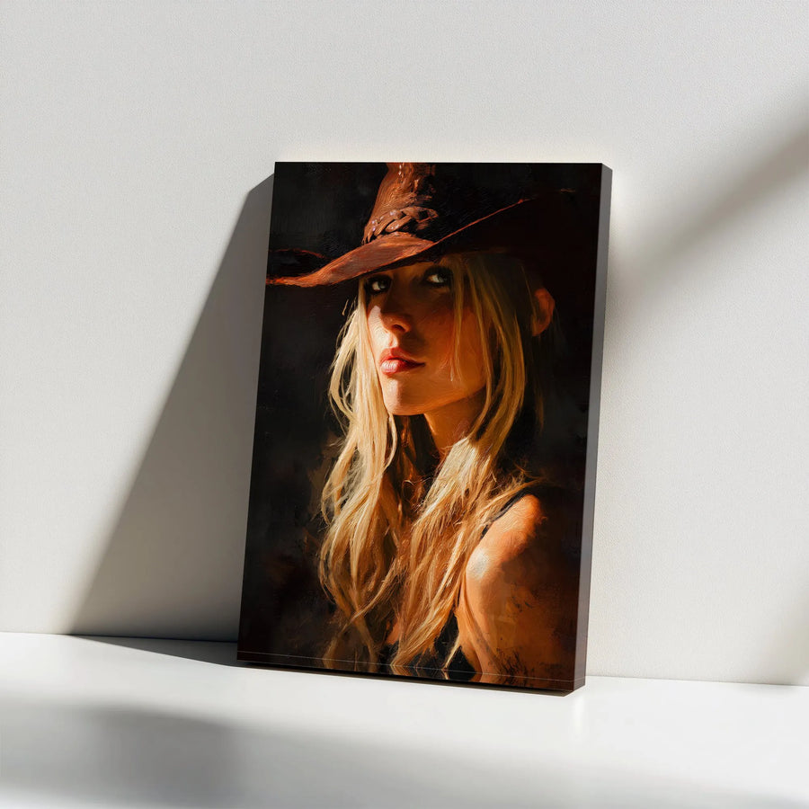 Cowgirl Portrait Canvas Wall Art | Dramatic Western Oil Painting Style | Premium Fade-Resistant Print | Southwestern Home Decor Gift