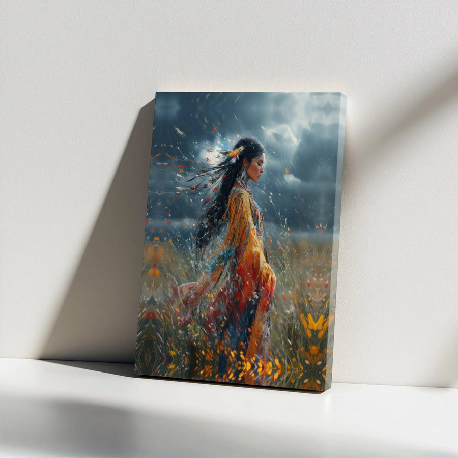 Native American Woman Canvas Wall Art | Spiritual Portrait in Stormy Field | Premium Gallery Wrapped Canvas | Indigenous Culture Home Decor Gift