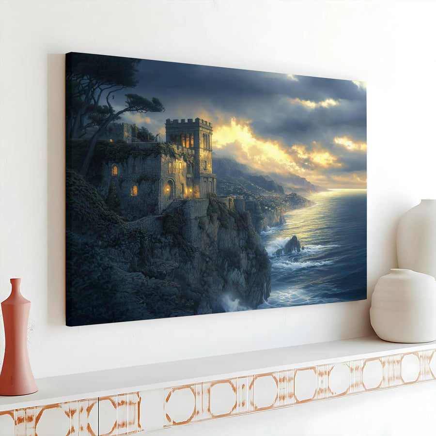 Castle on Cliff Canvas Wall Art | Moody Coastal Sunset Landscape | Gallery Wrap Premium Print | Dreamy Home Decor Gift