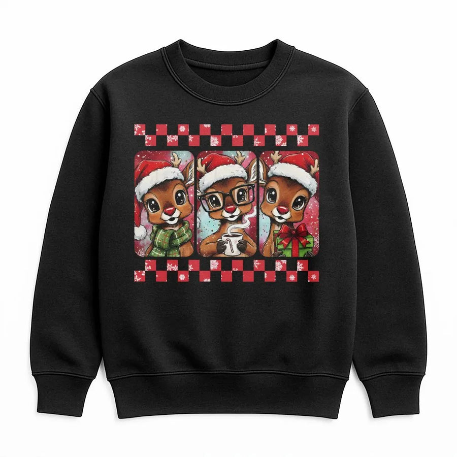Christmas Reindeer Sweatshirt | Retro Checkered Holiday Graphic | Premium Cotton Blend | Cute Xmas Gift for Women & Teachers
