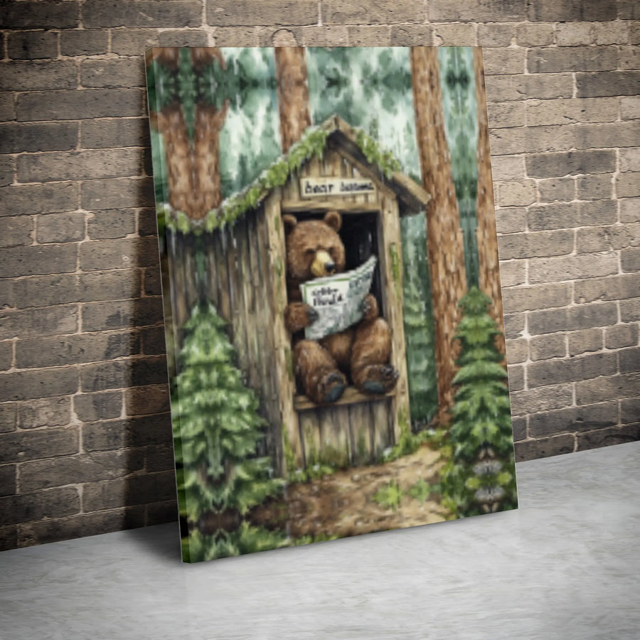 Funny Bear Reading Newspaper Wall Art | Rustic Outhouse Bathroom Decor | Premium Gallery Wrap Canvas | Unique Cabin Wildlife Gift